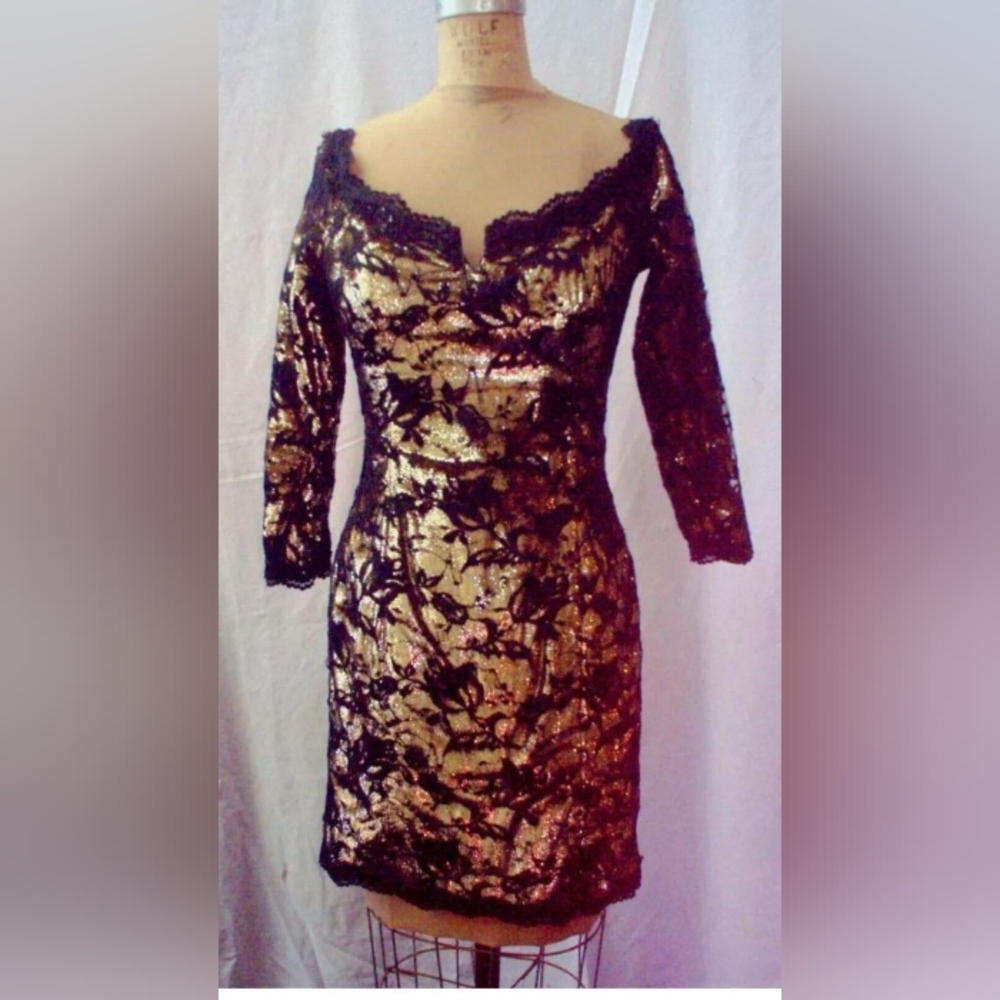 Vintage 1980's one of a kind off the shoulder black lace/ gold cocktail dress